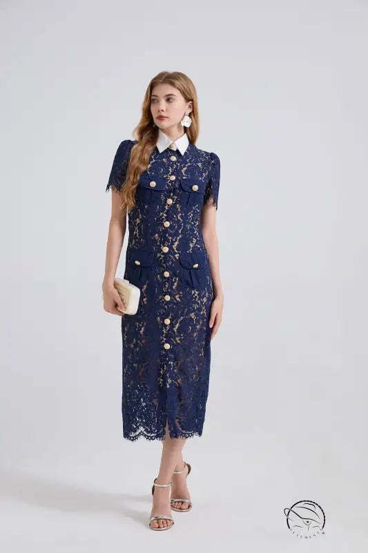 Navy lace pocket summer dress with floral embellishments