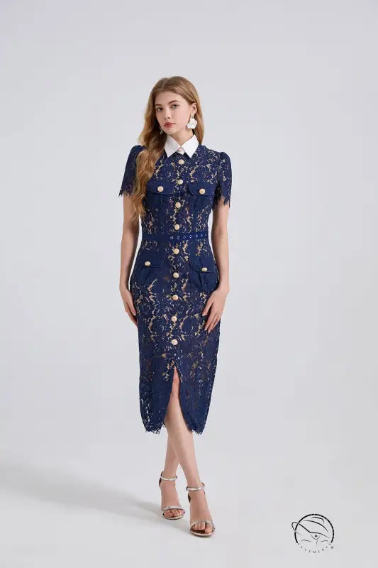 Navy blue lace pocket summer dress with floral embroidery and buttons