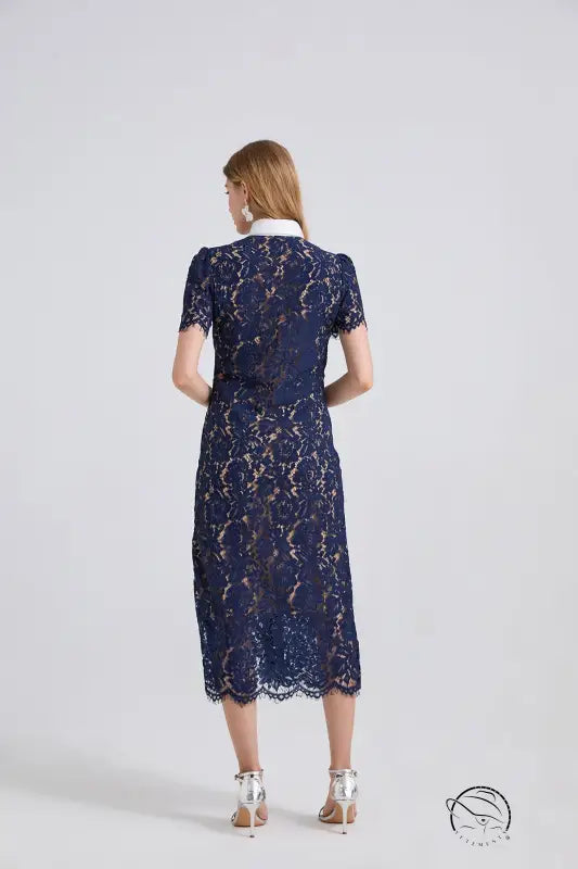 Navy lace pocket summer dress with short sleeves and high neckline