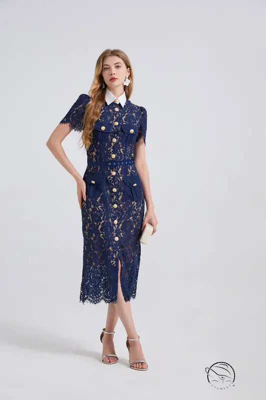 Navy lace pocket summer dress with pearl buttons and high slit