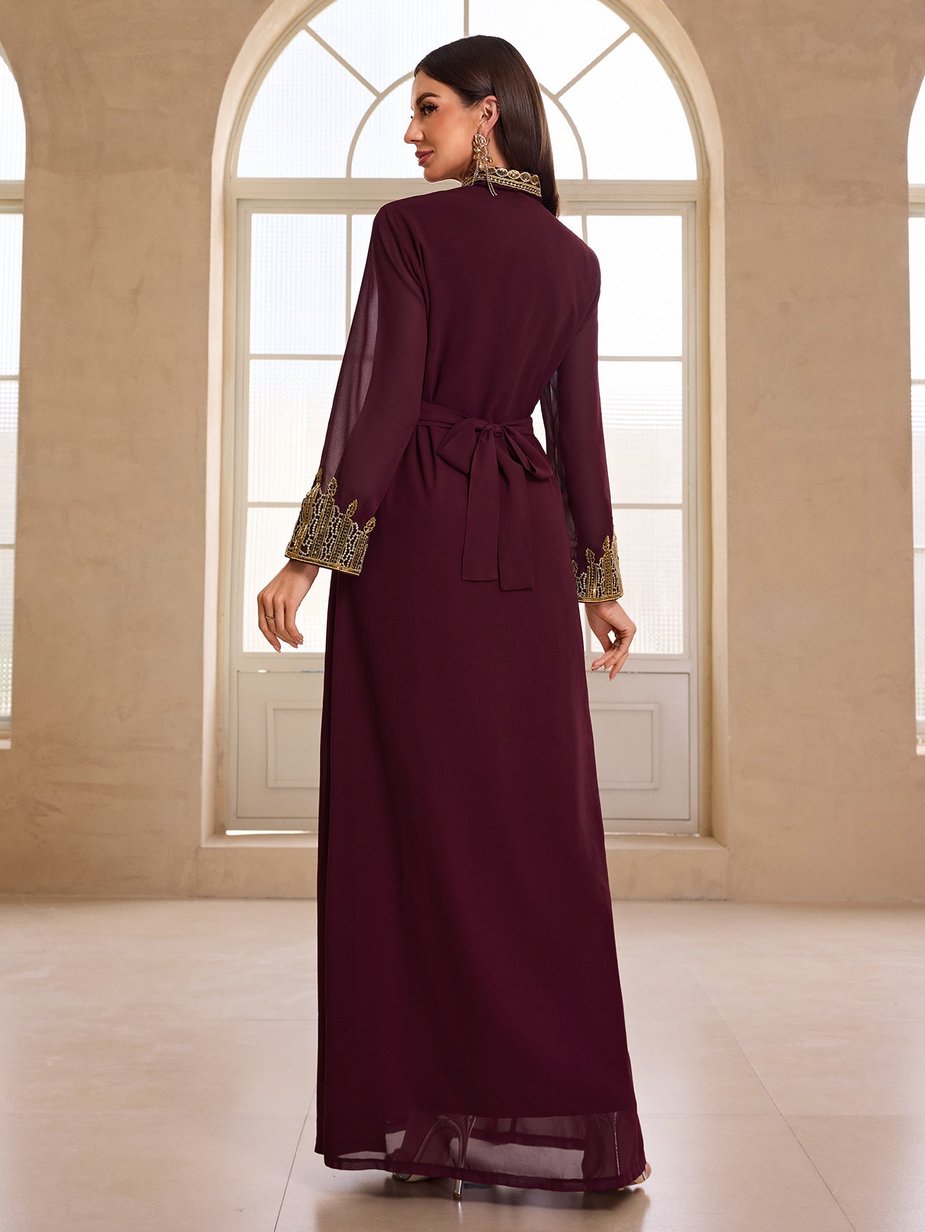 Elegant burgundy chiffon abaya with gold embroidery and drawstring waistband in Langry fashion ملابس