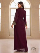 Elegant burgundy chiffon abaya with gold embroidery and drawstring waistband in langry fashion