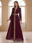 Elegant burgundy chiffon kaftan in Moroccan fashion with gold embroidery
