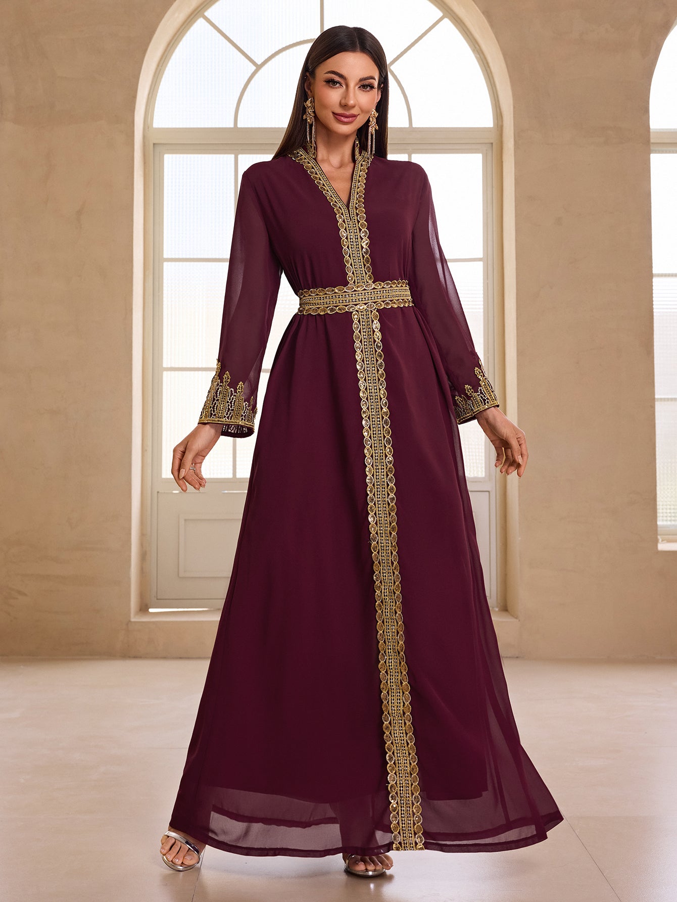 Purple chiffon abaya with gold embroidery, Langry fashion ملابس