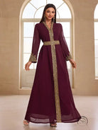 Elegant purple chiffon langry abaya with gold embroidery, inspired by middle eastern fashion