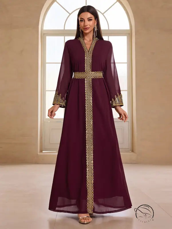 Langry wine-colored chiffon dress with gold embroidery, middle eastern fashion inspired