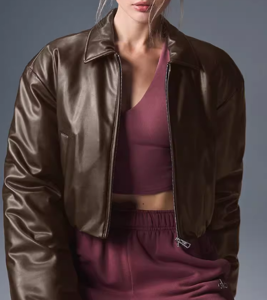 Loose thick warm short brown satin bomber jacket in faux leather fashion