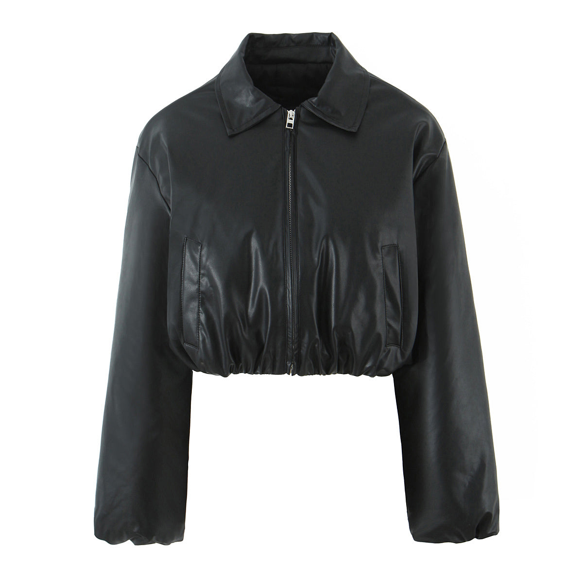 Black faux leather cropped jacket with long sleeves and zipper