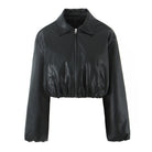 Black faux leather cropped jacket with long sleeves and zipper