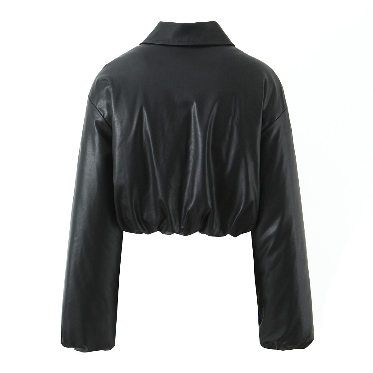 Black faux leather cropped jacket with high collar and long sleeves