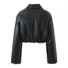 Black faux leather cropped jacket with high collar and long sleeves