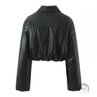Black faux leather cropped jacket with high collar and long sleeves by Langry