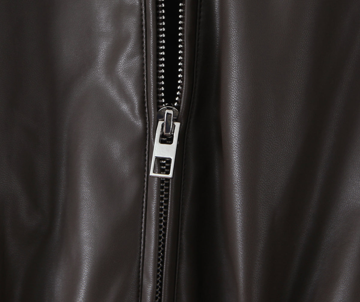 Langry faux leather loose thick warm short jacket with silver zipper