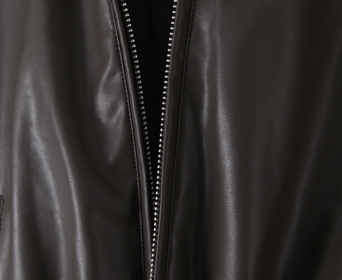 Close-up of Langry faux leather zipper jacket, loose thick warm short fashion style