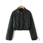 Black faux leather Langry loose thick warm short jacket with high collar and long sleeves