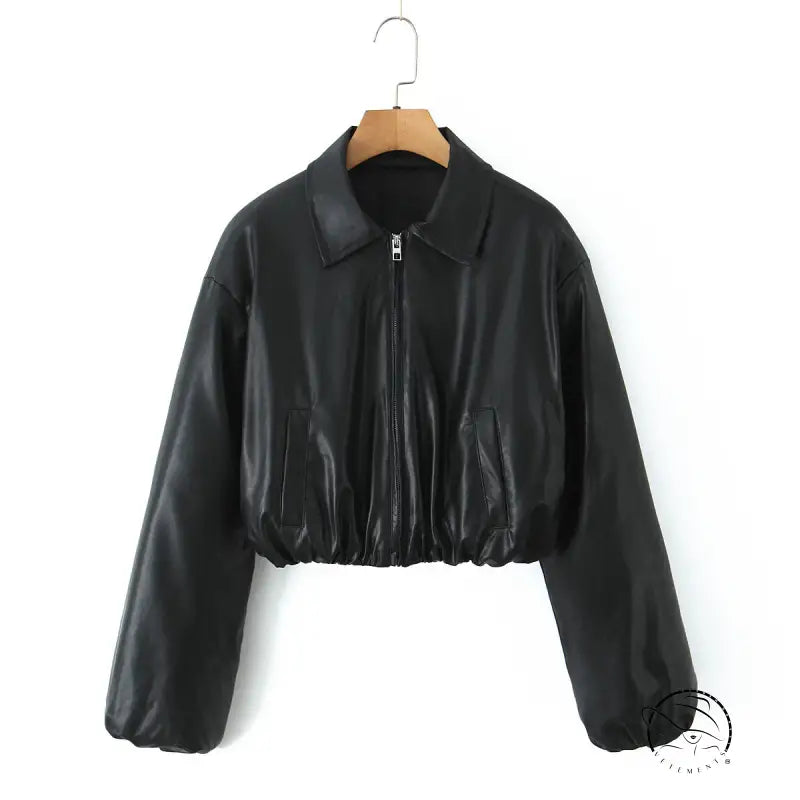 Black faux leather Langry loose thick warm short jacket with high collar and long sleeves