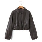 Langry faux leather loose thick warm short jacket with puff sleeves