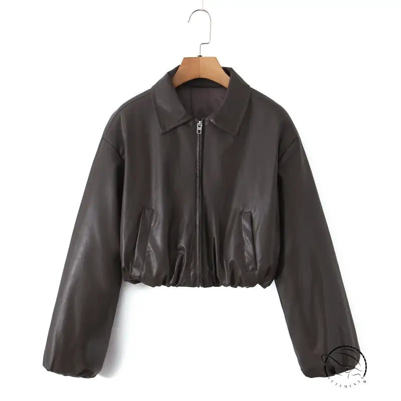 Langry faux leather cropped jacket with puff sleeves and zipper