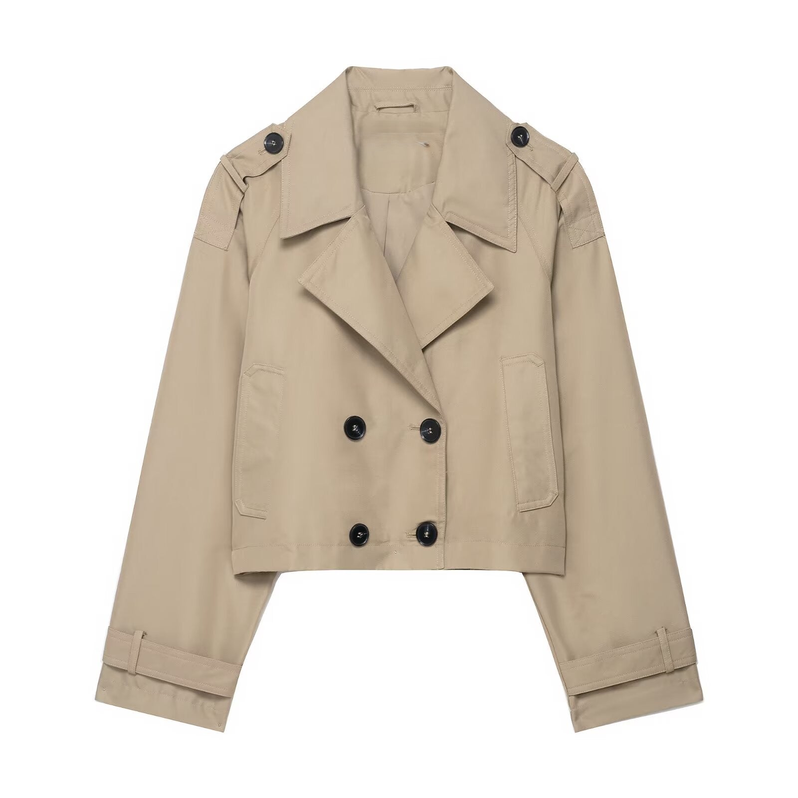 Casual double breasted short trench coat in beige with rolled cuffs