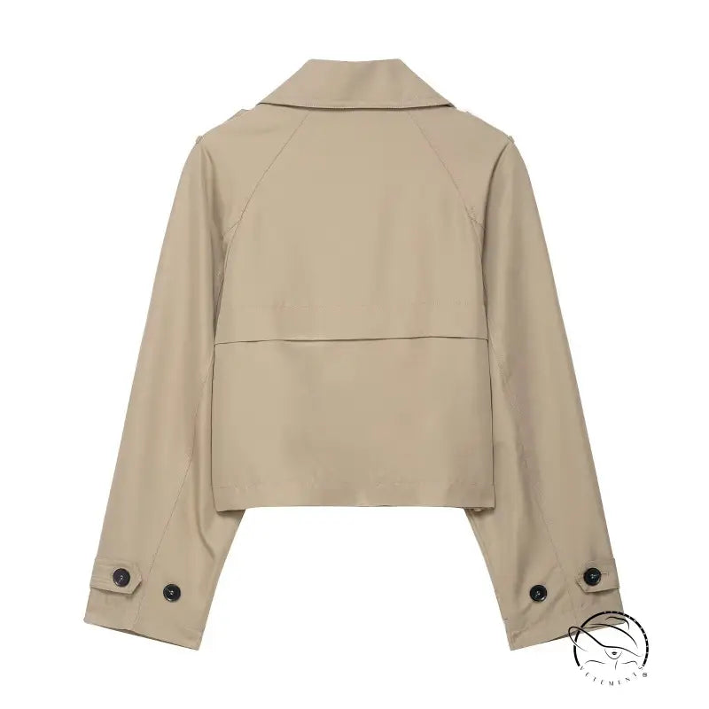 Beige double breasted short trench coat with buttoned cuffs