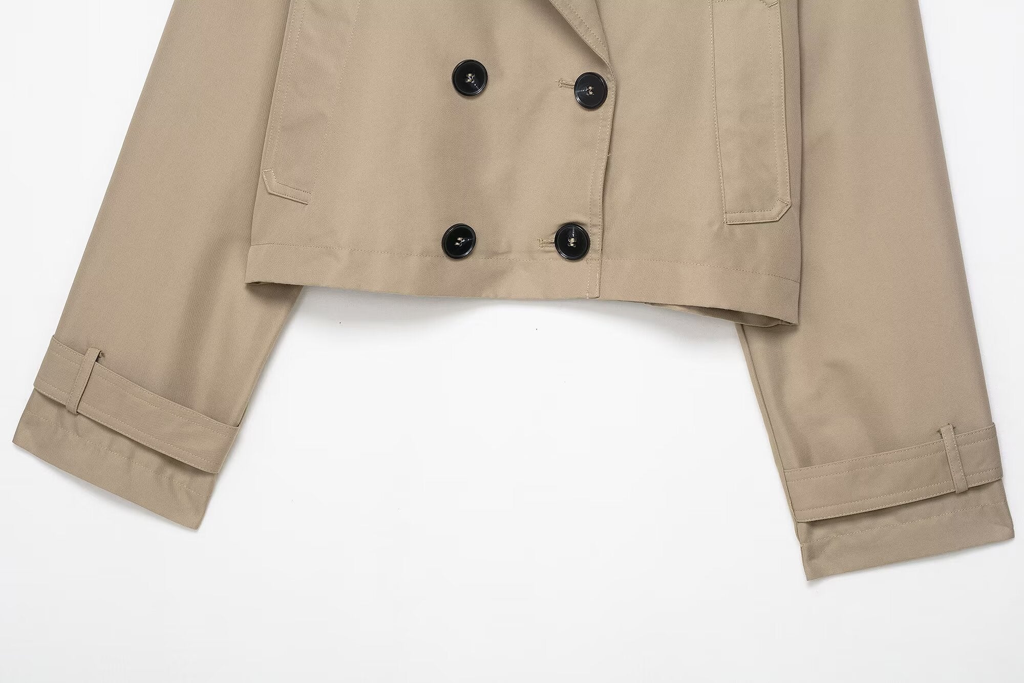 Beige double breasted cropped jacket by Langry fashion with black buttons