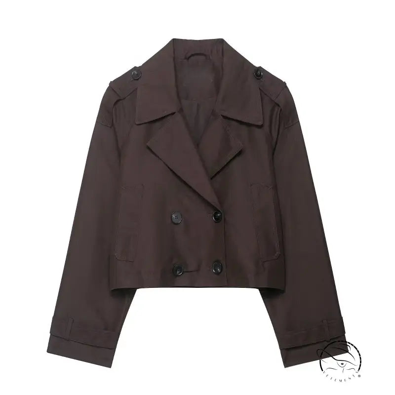 Brown double breasted short trench coat with lapels and buttons