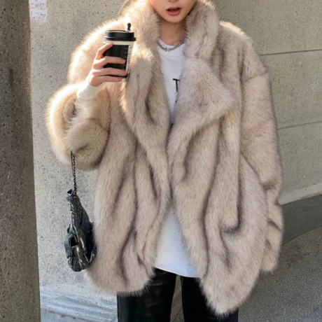 Beige faux fur oversized coat with high collar and long sleeves