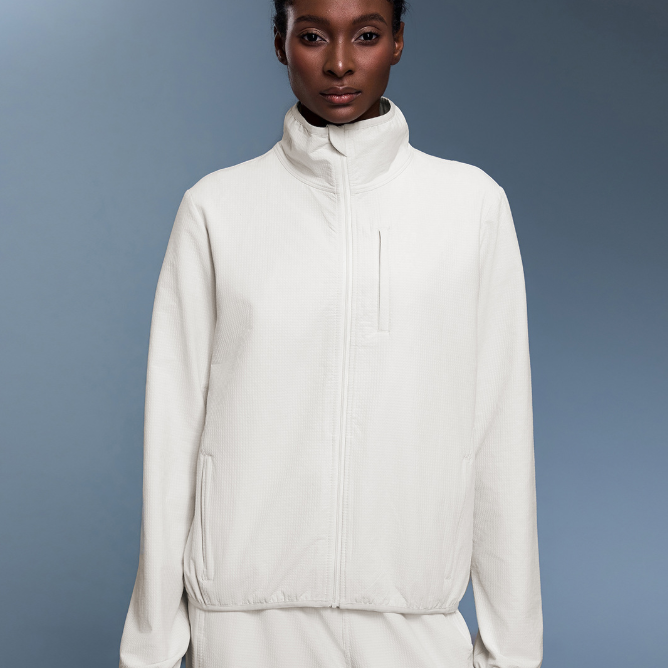 Langry white zip-up waterproof thermal jacket with high collar and pockets