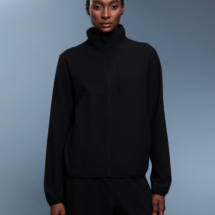Langry black fleece zip-up sweatshirt with high collar and ribbed cuffs for fashion ملابس