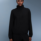 Langry black fleece zip-up sweatshirt with high collar and ribbed cuffs for fashion ملابس