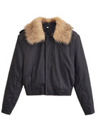 Langry fashion black bomber jacket with fur collar and zipper