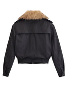 Langry fashion black bomber jacket with fur collar and zipper