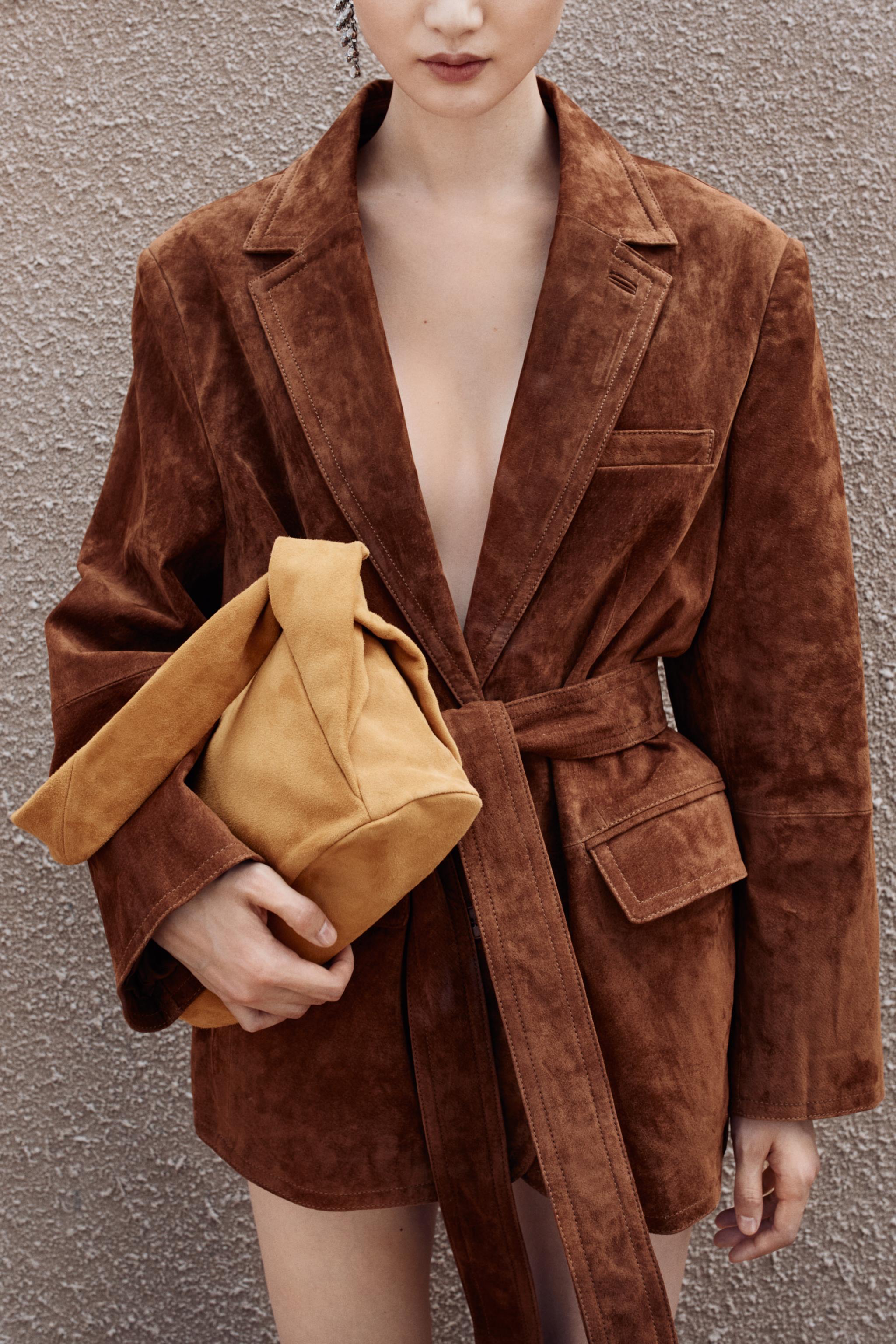 Elegant lace-up brown suede blazer with belt, pockets in Langry fashion ملابس
