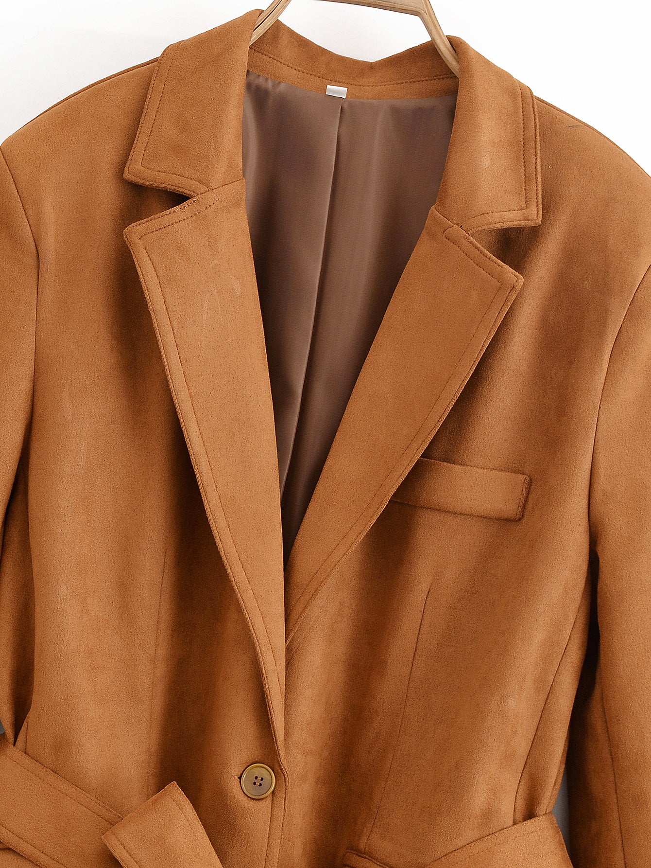 Elegant langry lace-up suede blazer in camel wool with single button and pocket detail