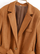 Elegant langry lace-up suede blazer in camel wool with single button and pocket detail