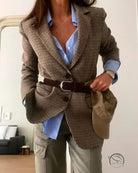 Brown plaid blazer with silver buttons, Langry winter retro fashion top