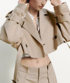 Beige double-breasted trench coat with black accents in Langry fashion