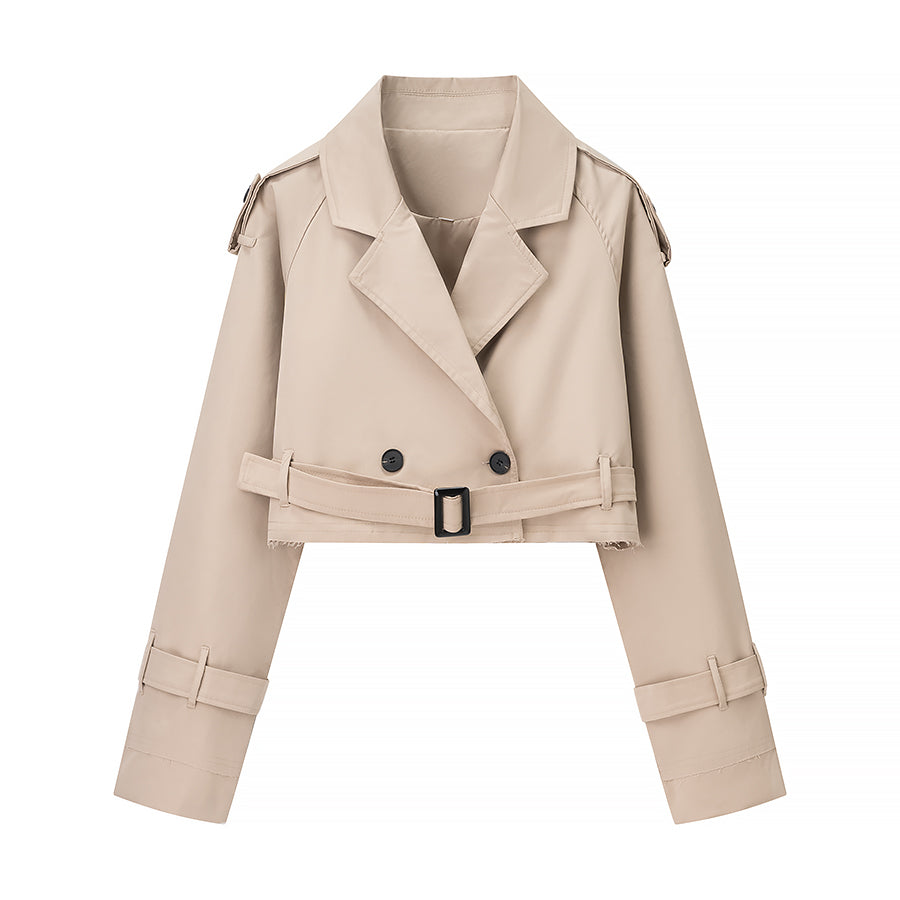 Beige cropped langry fashion trench coat with belt detail