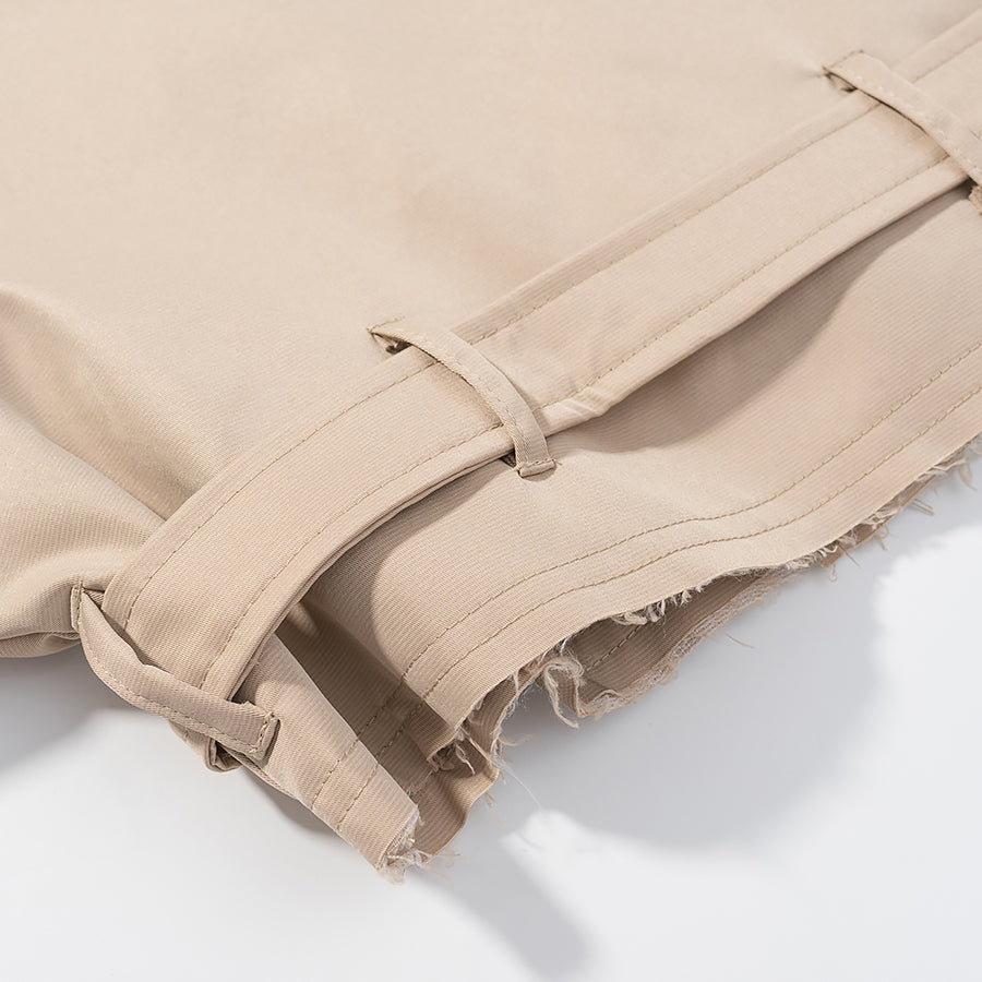 Beige denim fashion trench coat with frayed edges and buttons