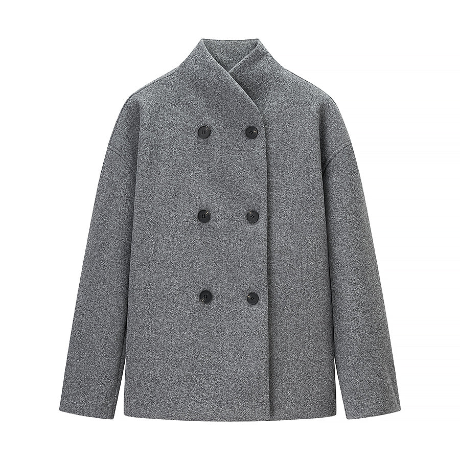 Langry fashion gray wool double-breasted coat with black buttons