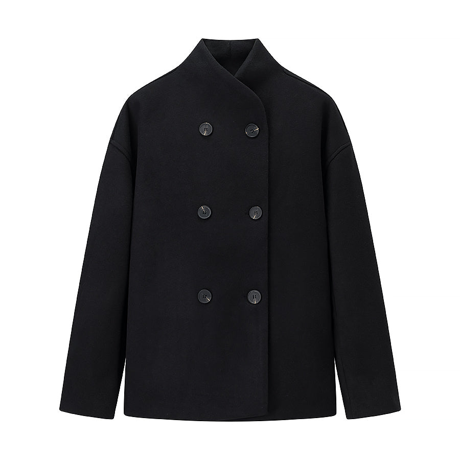 Langry black double-breasted wool coat with high collar and large buttons for winter fashion