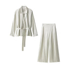 Elegant langry fashion white linen blazer and wide-leg satin pants set with belt
