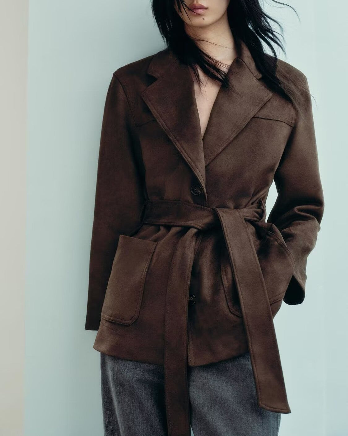 Classic langry brown wool suede effect coat with belt and pockets