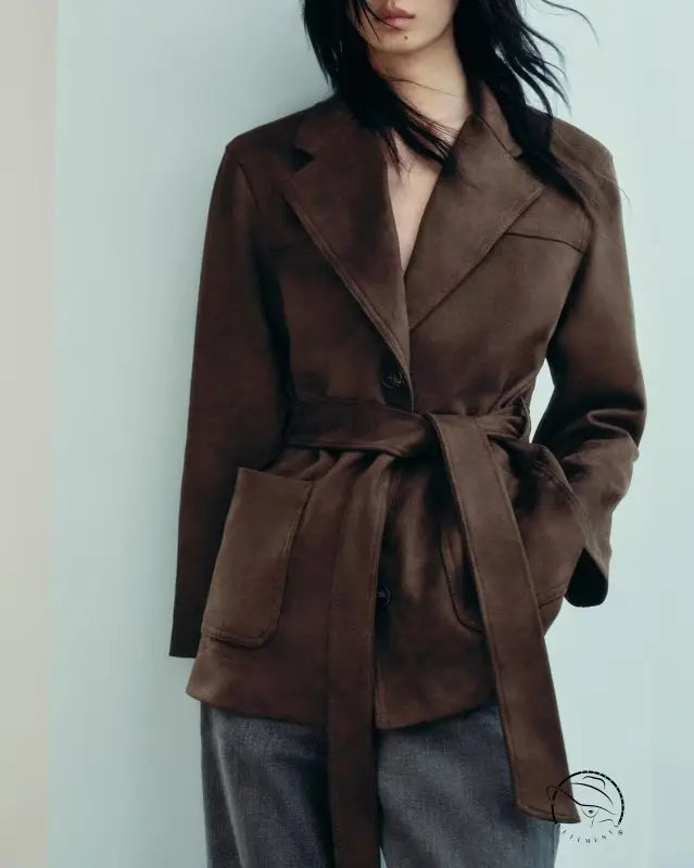 Langry fashion brown wool coat with belt, pockets, suede effect