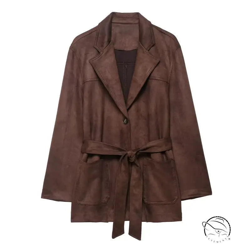 Langry fashion brown suede effect jacket with belt and pocket details