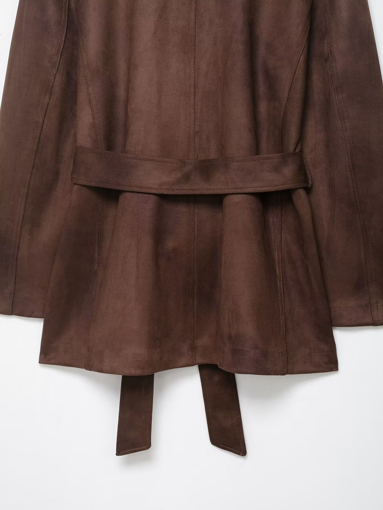 Langry fashion brown suede coat with tie belt and pocket detail