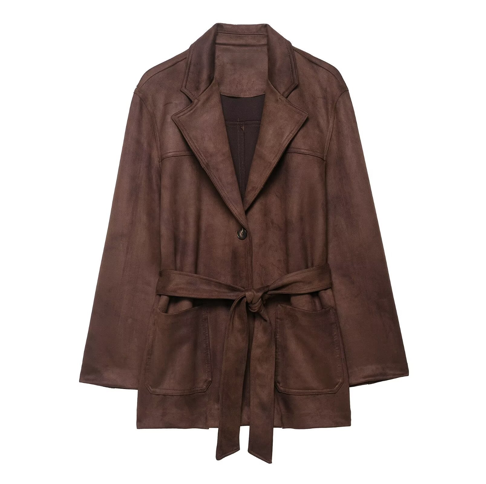 Langry fashion brown suede effect leather jacket with belt and pocket details