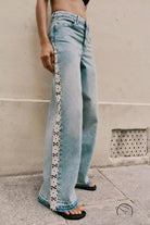 High waist wide leg jeans with spring autumn crochet floral embroidery