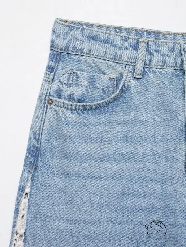 High waist wide leg light blue denim skirt with crochet stitching