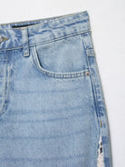 Light blue wide leg denim jeans with crochet stitching and distressed details